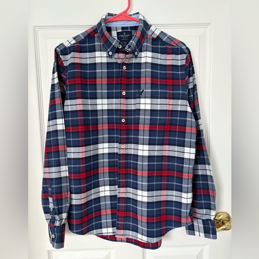 American Eagle Outfitters Men's Casual Plaid Shirt - Navy, Red, and White